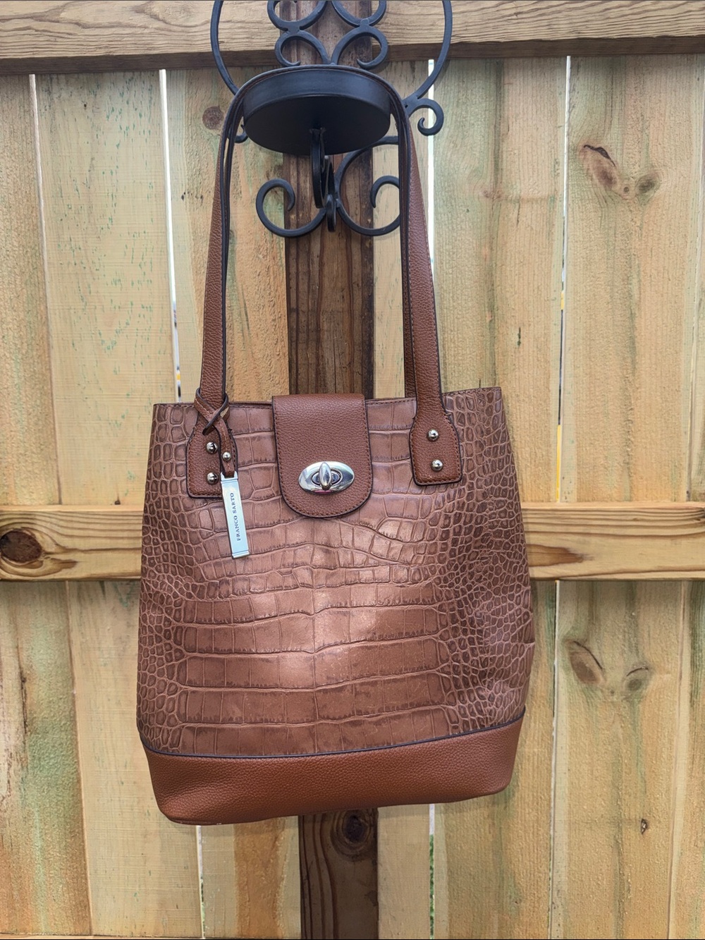 Franco Sarto Croc-Embossed Tan Tote with Turn-Lock